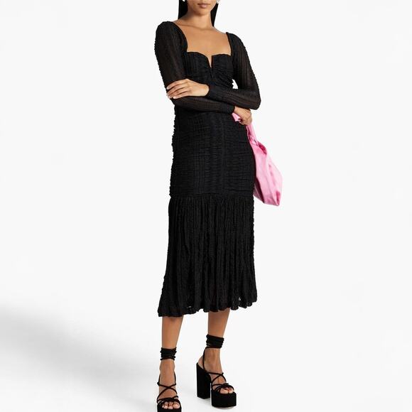Ganni Black Ruched Long Sleeve Midi Dress Size 38 (US 6) - Picture 1 of 6